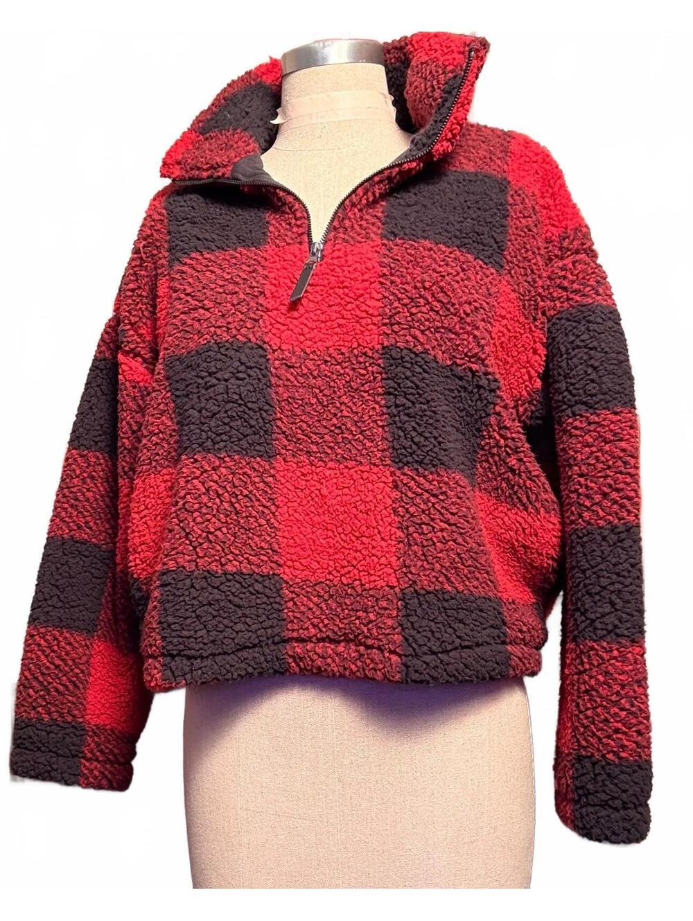 Thread & Supply Buffalo Plaid Sherpa Pullover M Red Black Quarter Zip